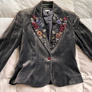 Odille Anthropologie Velvet Blazer with Flower Details Size 8